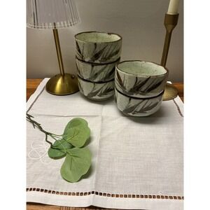 Vintage Japanese Bamboo Stoneware Tea Cups Speckled Green Glaze Set of 5 Bowls
